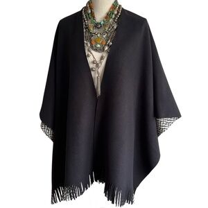 Eivissa Black Grey & Cream Fringe Reversible Fleece Shawl Ruana Cape - One Size